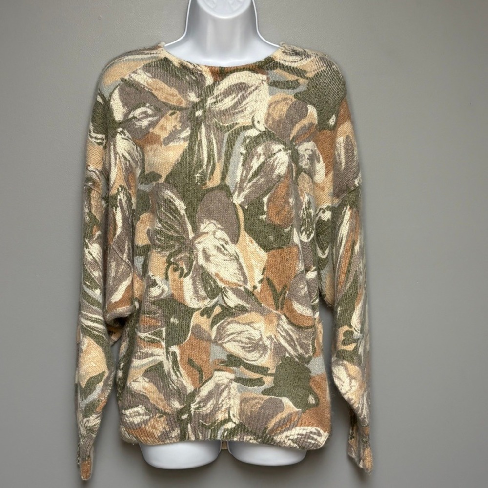 VTG 90s De Rotchild Silk Angora Wool Oversized Pastel Floral Print Sweater Sz L